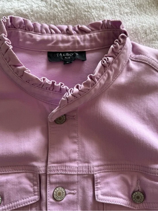 Talbots Pink Ruffle-Neck Denim Jacket - Picture 6 of 10